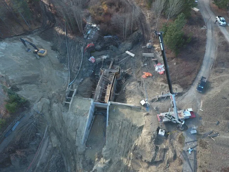 Aerial view of spillway construction at the Idlewild Lake dam